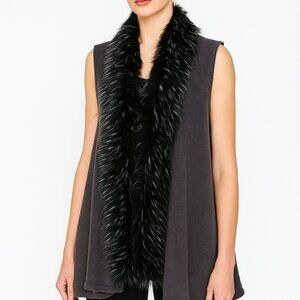 Elegant Faux Fur Trimmed Two Toned Vest Layered Look Soft Knitted Grey NWT
